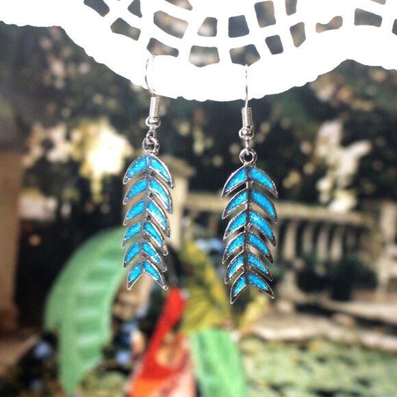 Botanical Blue Fire Opal Dainty Leaf Feather Fern Fishbone Drop Earrings - Picture 3 of 3